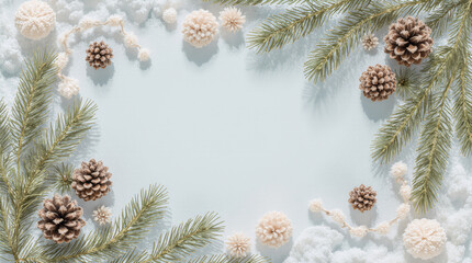 Seasonal decoration with pinecones and faux snow on a light background for winter celebrations