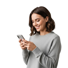 A young woman smiling while holding and texting on her mobile phone isolated on transparent background