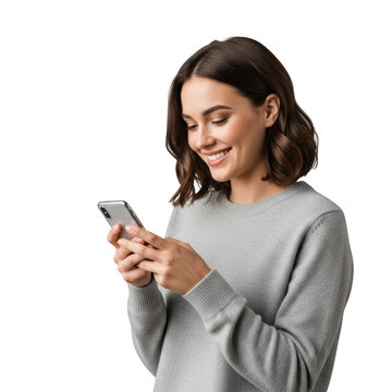 A young woman smiling while holding and texting on her mobile phone isolated on transparent background
