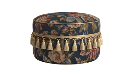Elegant floral ottoman with tassel trim, adding vintage flair to modern interiors, bringing a touch of refined comfort and style to any room