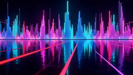 Dynamic neon sound wave visualization pulses with vibrant pink and blue lights reflecting on a glossy surface, perfect for music, tech, or futuristic themes. - Powered by Adobe