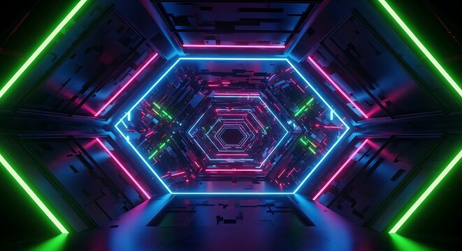 Futuristic hexagonal tunnel with vibrant neon blue pink and green lights creating a sense of depth and motion in a dark sci fi environment