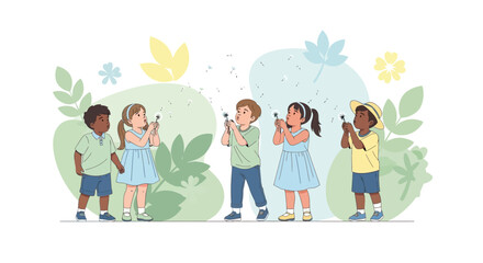 Fototapeta premium Children Playing and Blowing a Dandelion Flower in a Colorful Spring Illustration