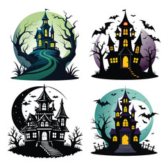 Spooky Halloween Night Vector Illustration featuring a haunted house silhouette, dark moon, bats, and pumpkin for an October holiday party design