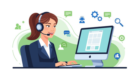 Customer service representative working on a computer providing support and assistance