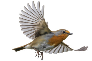 European Robin in flight, detailed photograph, cutout, PNG isolated on white or transparent background