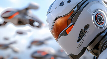 Concept of futuristic battle between transformer robots using advanced future weapons, with flying robots in the background, dynamic science fiction scene, copy space