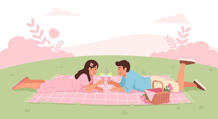 Couple Enjoying Picnic Date with Drinks in Beautiful Lush Green Field
