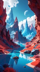 Colorful mountain valley reflecting sky