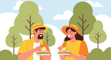 Couple Enjoying Picnic in Park Amidst Nature Eating Sandwiches and Having Good Time Outdoors