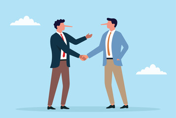 Vector illustration of two long-nosed businessmen shaking hands, symbolizing dishonesty, fake deals, corruption, false promises, or deceptive agreements in business partnerships
