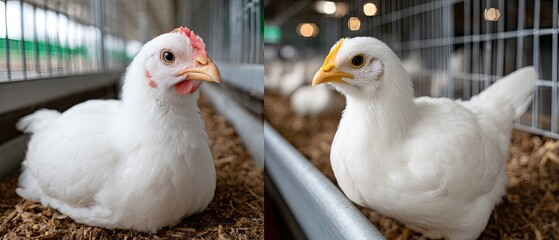 Fototapeta premium Two young chickens, one fluffy and yellow and the other a more defined orange, curiously look out from their cage in bright light
