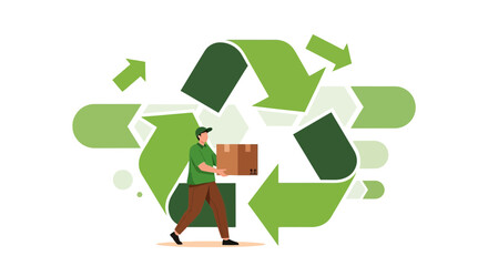 Concept of Recycling and Eco-Friendly Delivery with a Courier Carrying Box