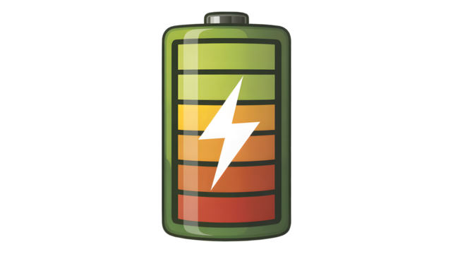 Vibrant battery icon showing power level and energy, ideal for apps and tech concepts, conveying technology, innovation, and charging progress