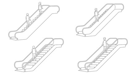 Line art depiction of multiple escalators in various perspectives