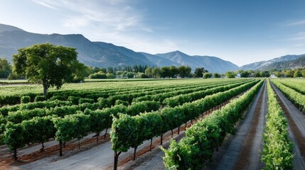 Naklejka premium Rows of green grapevines stretch across a peaceful landscape, framed by distant mountains and a bright sky, ideal for relaxation