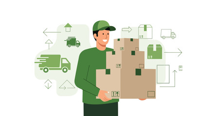 Courier Holding Packages, Illustrating Delivery, Shipping, and Transportation Services