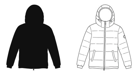Black and white illustration of two hooded puffer jackets front views © Lhvect02