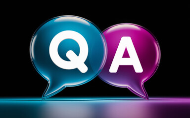 Two glowing speech bubbles with q and a symbols on a dark background