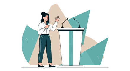 Confident Woman Presenting At Podium With Microphones And Performing Speech