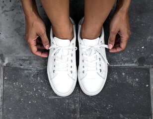 Person tying white sneakers