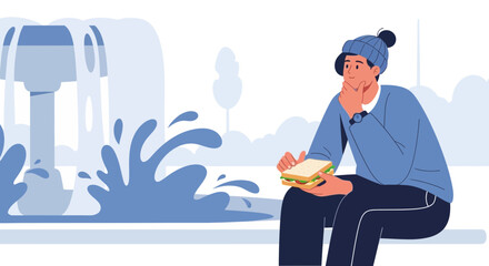 Contemplative Man Near Public Water Fountain, Holding a Delicious Sandwich, Outdoor Scene