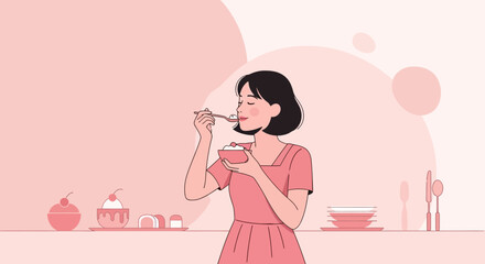 Contented Woman Enjoying Sweet Dessert in a Pastel-Colored, Delightful Setting