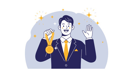 Corporate Success Celebration Depicted With A Prize and Person in Bright, Uplifting Style