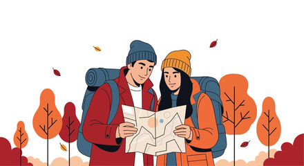 Couple backpacking looks at a map to explore a new natural location during autumn