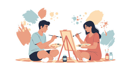 Couple Creatively Painting Together, Artistic Endeavor with Vibrant Color, Studio Focus