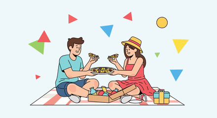 Couple Delightfully Enjoying Fresh Pizza Together During A Refreshing Outdoor Picnic
