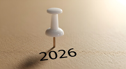 Save the Date for 2026. A white pushpin marks the year on a textured surface, symbolizing future planning, goal setting, and anticipating a major event or festival.