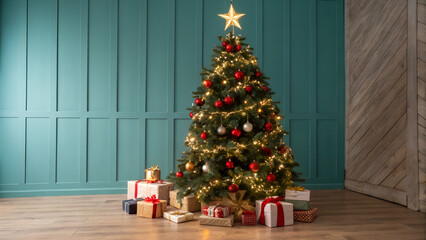christmas tree with candles and gifts.  style unfurnished minimalist and elegant home interior with a decorated Christmas tree and gifts against a sky blue wall background