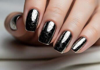 Sleek chrome black manicure reflecting light on elegant fingernails