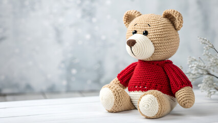 Handmade knitted bear toy with beige body and brown spots. Perfect for crafts, children's toys and unique gifts.. teddy bear in snow on winter
