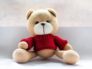 Handmade knitted bear toy with beige body and brown spots. Perfect for crafts, children's toys and unique gifts. . teddy bear with red ribbon