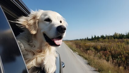 A happy golden retriever with its head out of the car window while driving through a desert landscape