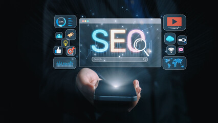 SEO concept for improving SEO visibility, with SEO related digital tools and SEO performance icons shown in an focused layout for strategic marketing. Elide
