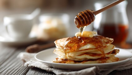 Close-up of a stack of fluffy golden pancakes being drizzled with rich, golden honey from a wooden dipper, creating a delicious breakfast scene