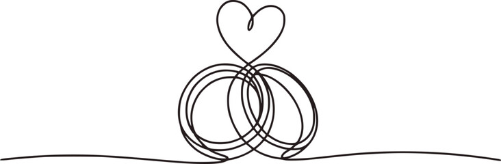 Intertwined heart and wedding rings continuous line drawing love marriage
