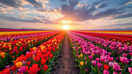A field of tulips in different colors