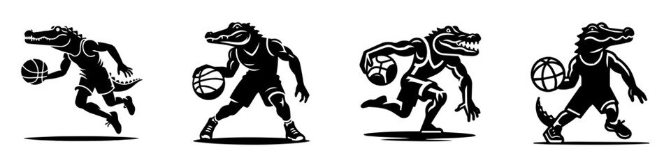 Obraz premium Modern Minimalist Alligator-Headed Man Icon, Flat Silhouette of a Basketball Dribble Player Vector for Sports Illustration Design