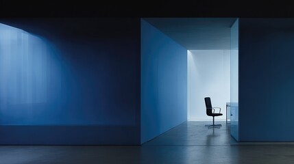 Minimalist design with solitary chair and desk in blue-lit space
