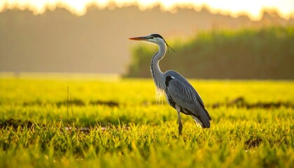 Obraz premium A solitary grey heron stands amidst a vibrant field of dewy grass at sunrise, bathed in golden light.