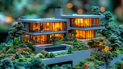 Modern generic contemporary style miniature model of villa house neighborhood with tilt-shift focus technique