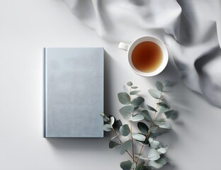 Minimalist Overhead View of a Light Blue Textured Notebook a White Coffee Cup and a Branch of Eucalyptus on a Clean White Desk