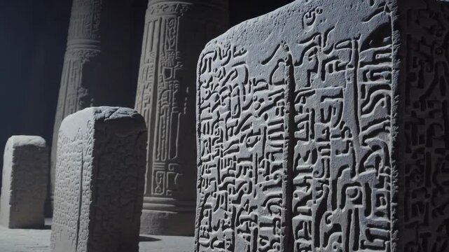 Aged Sumerian bible with cuneiform inscriptions on stone tablets in mystical ancient setting.