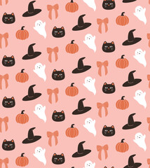 Cat, ghost,bow, pumpkin, with hat halloween seamless vector pattern