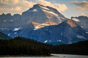 Stunning Sunset on the Mountains of Glacier above Swiftcurrent Lake, Many Glacier, Glacier National Park, Montana