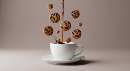 A Surreal Cascade of Levitating Chocolate Chip Cookies Pouring with Coffee into a Splashing White Cup on a Brown Background.